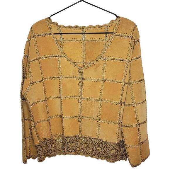 Women's Sz L Handmade Woven Patchwork Leather Jacket Crochet Lace Trim (1630) - Picture 1 of 6